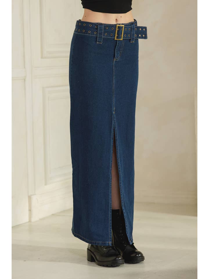 Denim MB1400- Jupe taille basse en jean à boucle sur le devant en vente sur Faire