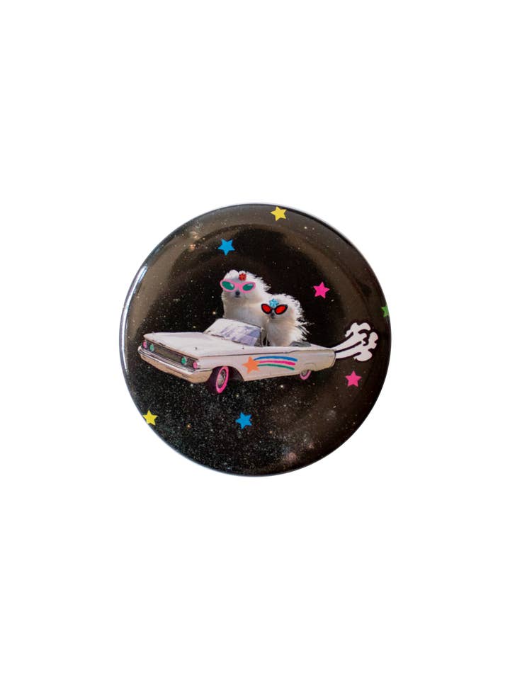 maltese in space pinback button for wholesale by gentle thrills