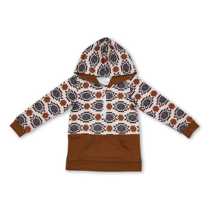 Long sleeves brown aztec kids western hoodie for wholesale by Yawoo Garments