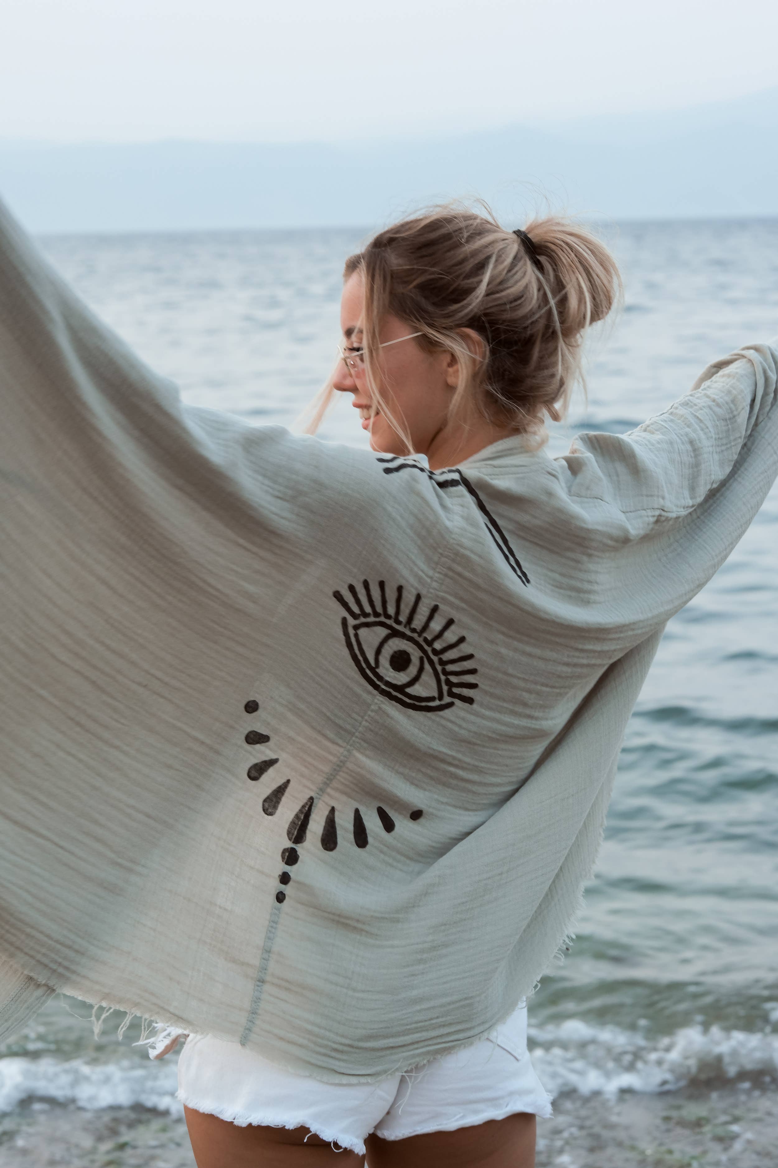 Moa - Wholesale Kimono - Women's - Cream Evil Eye Muslin Kimono Robe / Poncho7