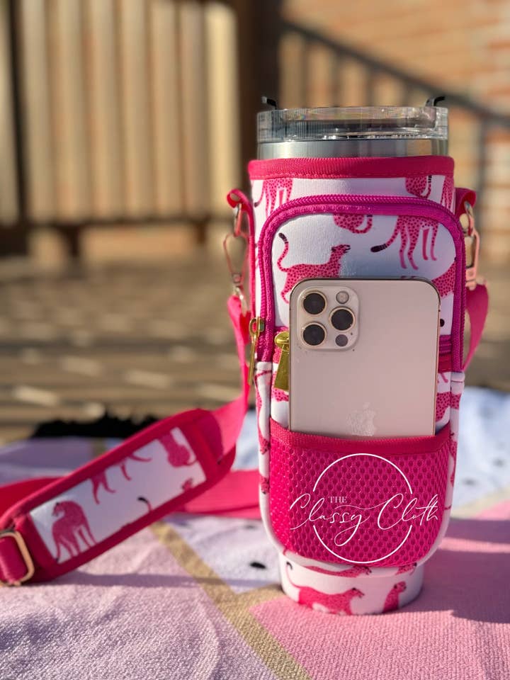 Neoprene Tumbler Sleeve White w Pink Cheetah- RTS for wholesale by The Classy Cloth WS