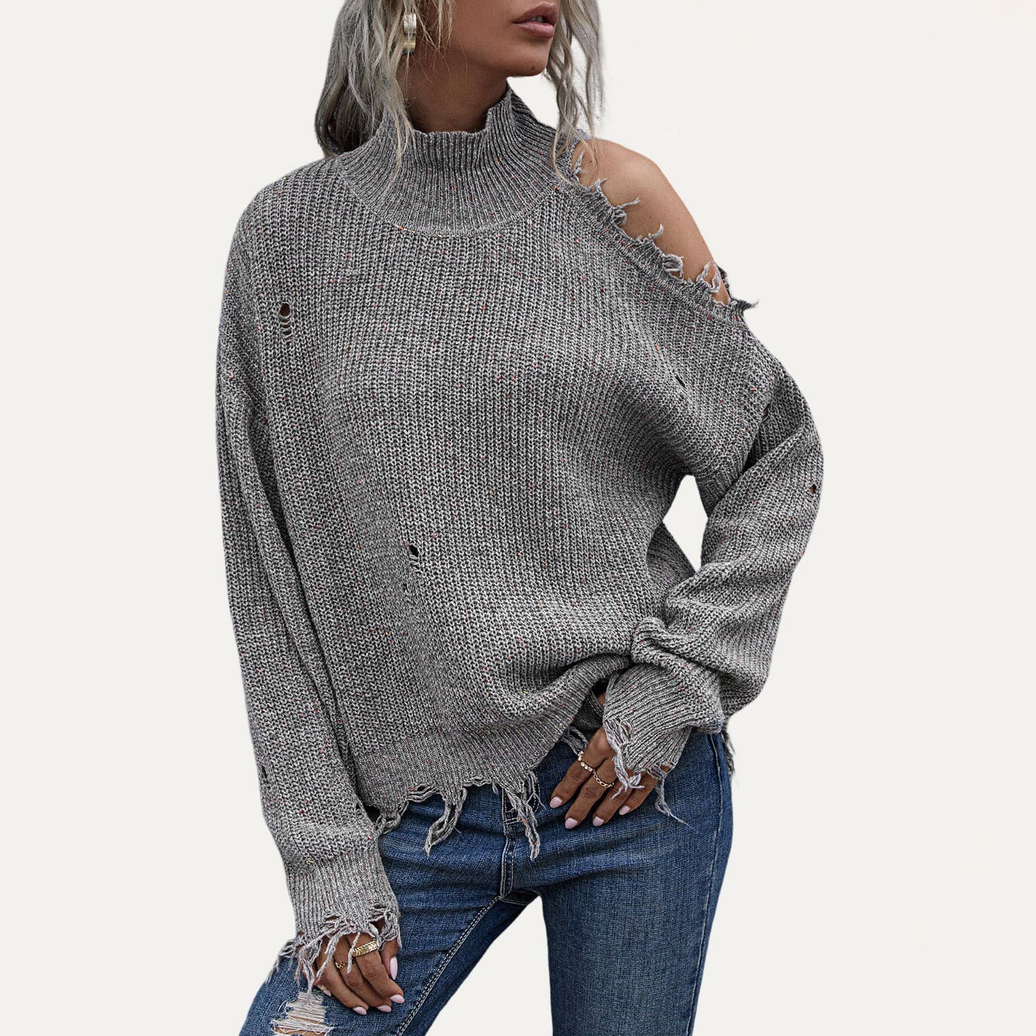 The Moment Collection – Engroshandel Strikket top - Dame – Trendy Strik Mock Neck En Skulder Lange ærmer Top7