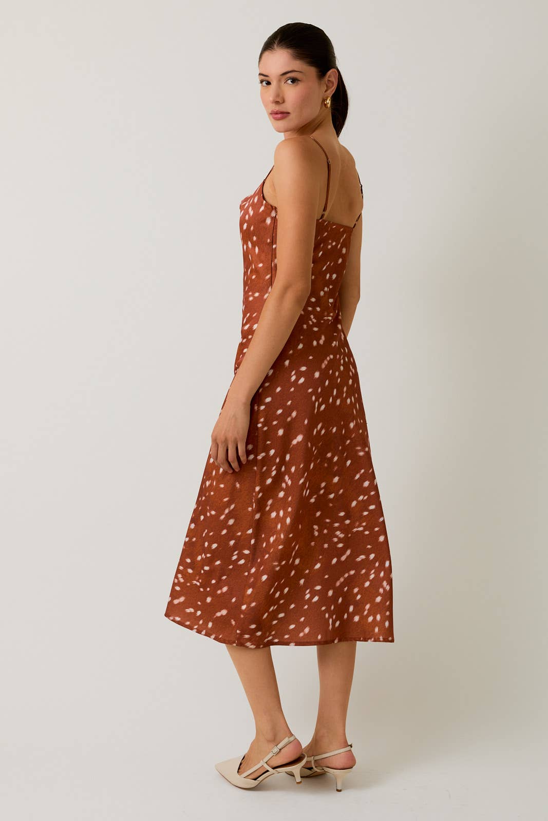 BROWN WHITE ANIMAL COWL NECK SLIP MIDI DRESS for wholesale on Faire4