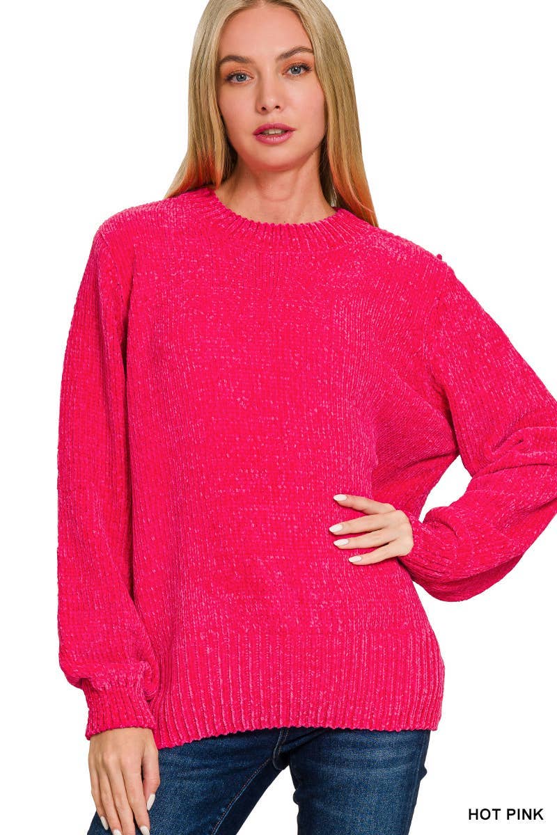 Vanilla Monkey - Wholesale Knit Sweater - Women's - Round Neck Balloon Sleeve Chenille Sweater5
