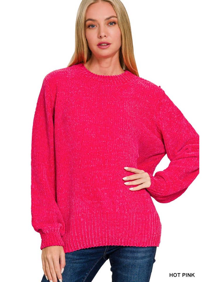 Vanilla Monkey - Wholesale Knit Sweater - Women's - Round Neck Balloon Sleeve Chenille Sweater5