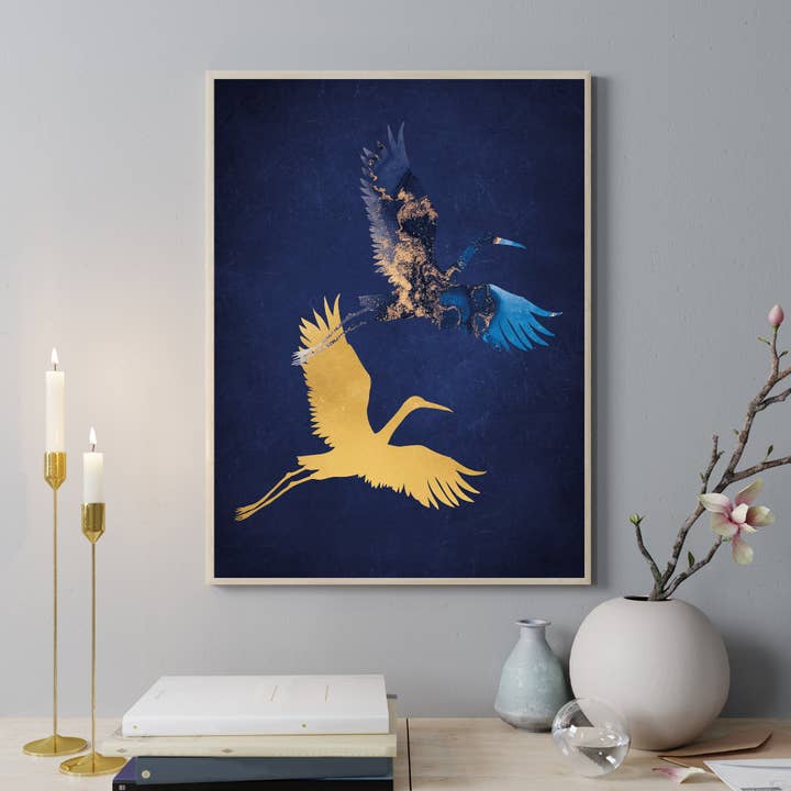 Navy Blue and Gold Crane Print, Crane Birds Wall Art Print for wholesale by Kayleigh Marie Designs