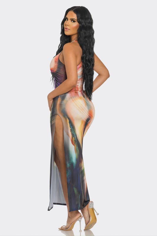 Multi BODY PRINT LONG DRESS WITH SIDE OPEN for wholesale on Faire2