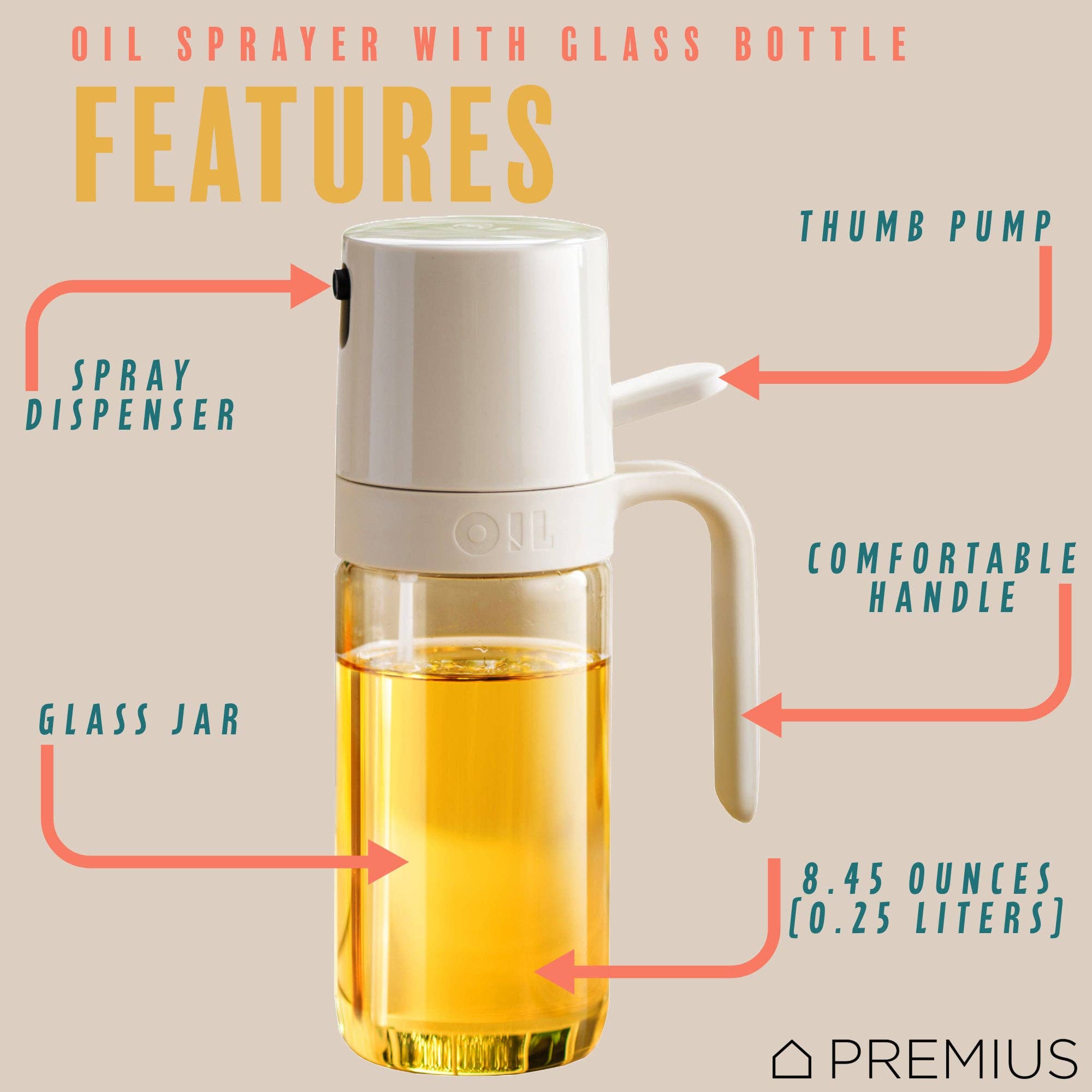 ShopBobbys - Wholesale Oil/Vinegar Dispenser - PREMIUS Glass Oil Sprayer Bottle, Natural, 8.45 Ounces1