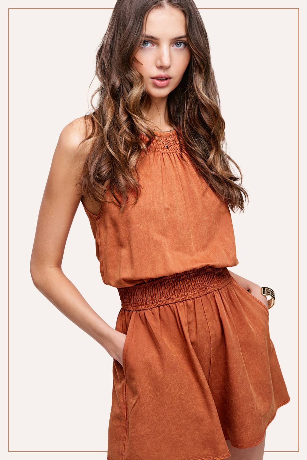 La Miel - Wholesale Romper - Women's - HCD9313-Mineral Washed Sleeveless Mini Romper with Pocket8