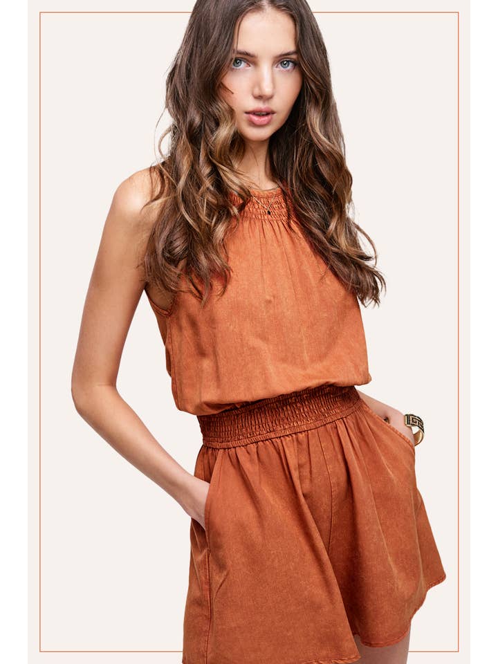 La Miel - Wholesale Romper - Women's - HCD9313-Mineral Washed Sleeveless Mini Romper with Pocket8