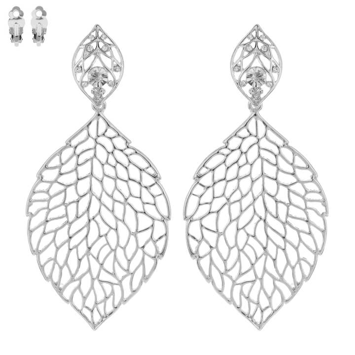 SP Sophia Collection - Wholesale Clip-On Earrings - 2 Tier Filigree Leaves Clip On Earrings