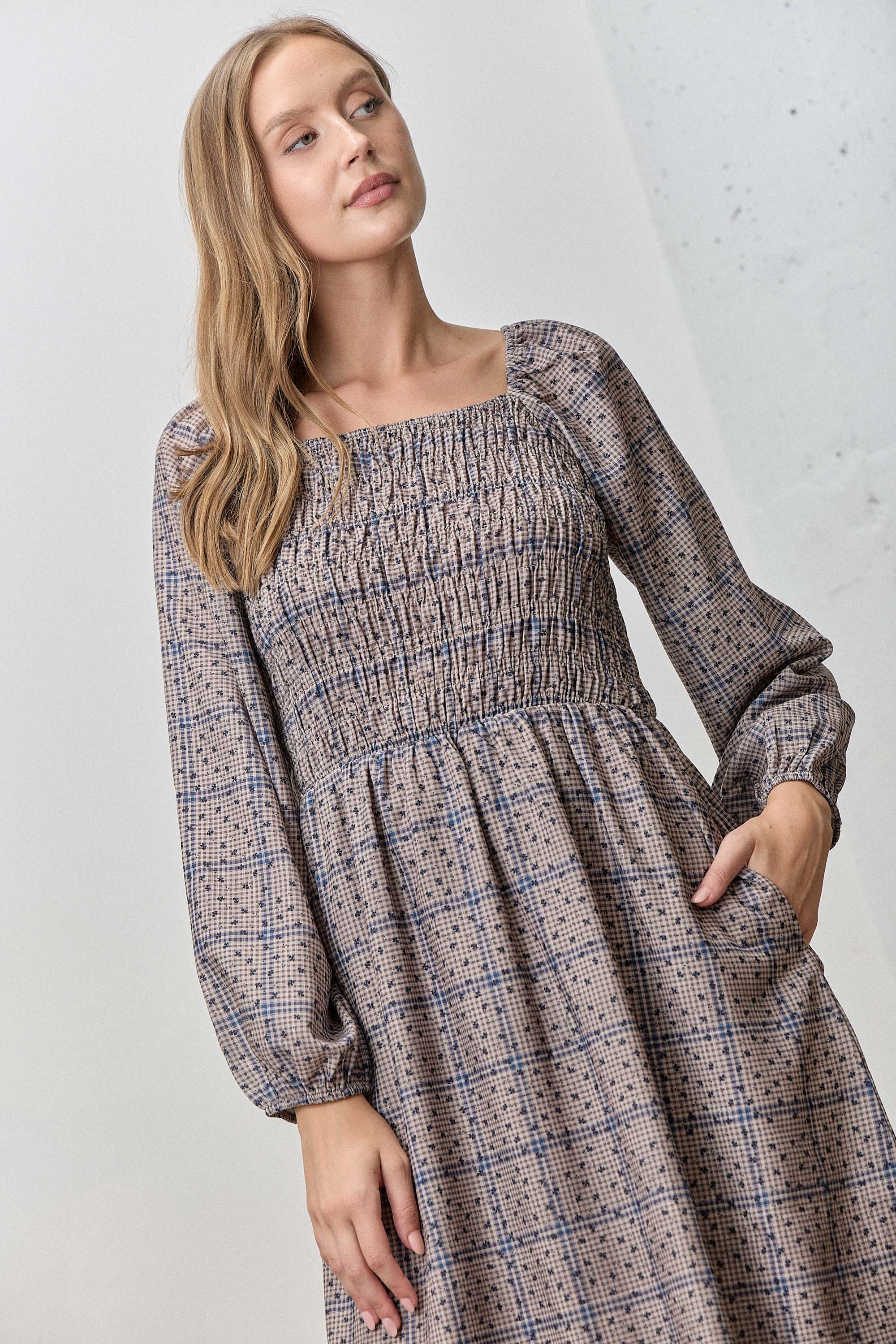 DK BROWN MULTI DITSY PLAID SMOCKED MIDI DRESS for wholesale on Faire3