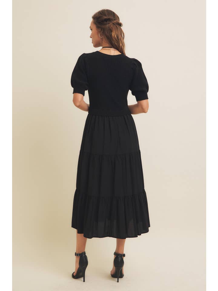 in february - Wholesale Dress - Women's - MIXED MEDIA SWEATER MIDI DRESS WITH WOVEN SKIRT