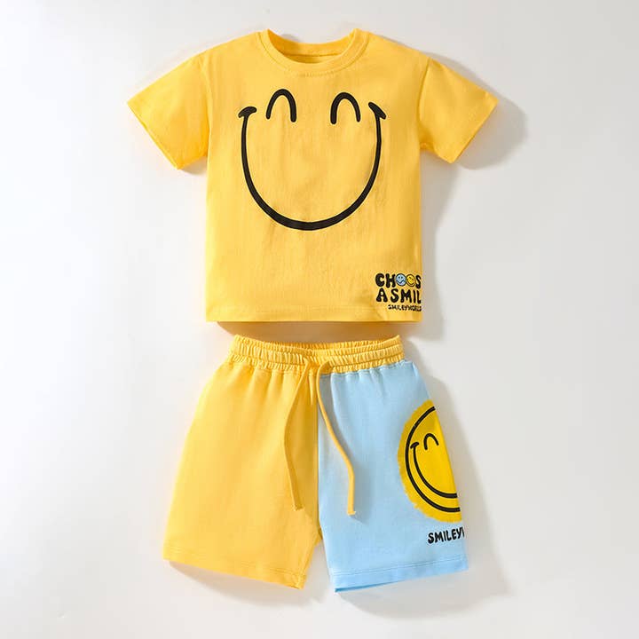 Yellow Baby Boy Smile Print Pattern Color Matching Design Clothing Sets for wholesale on Faire2