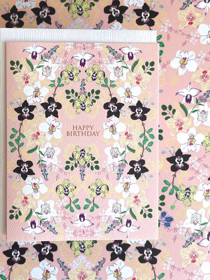 Glückwunschkarte „Orchideen auf Rosa“ FNC261B für den Großhandel von Little Love Press