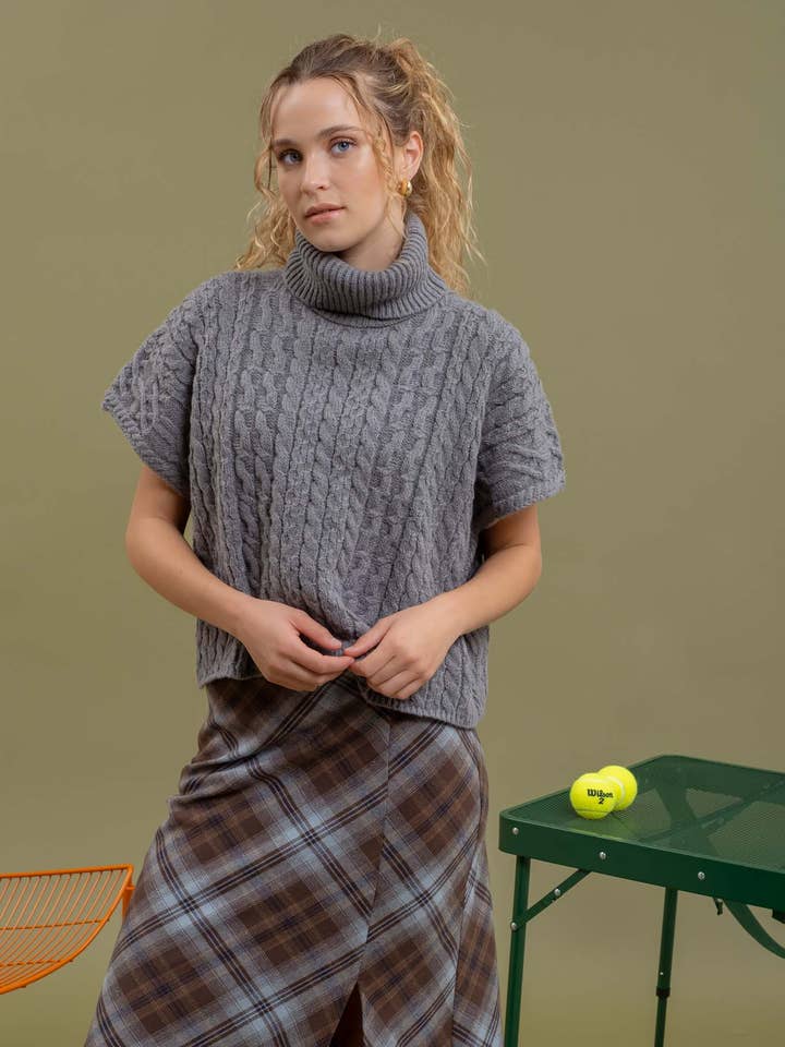 CABLEKNIT SHORT SLEEVE TURTLENECK SWEATER for wholesale by Blu Pepper