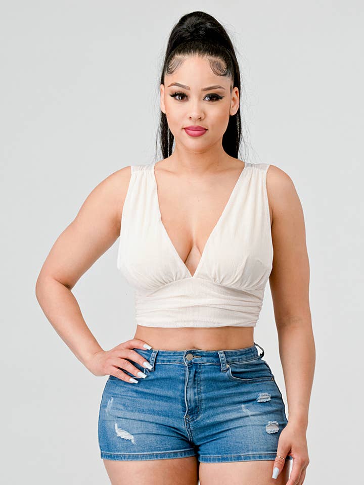 CHIC DEEP V-NECK OPEN BACK WAIST TIE CROP TOP for wholesale by PRIVY