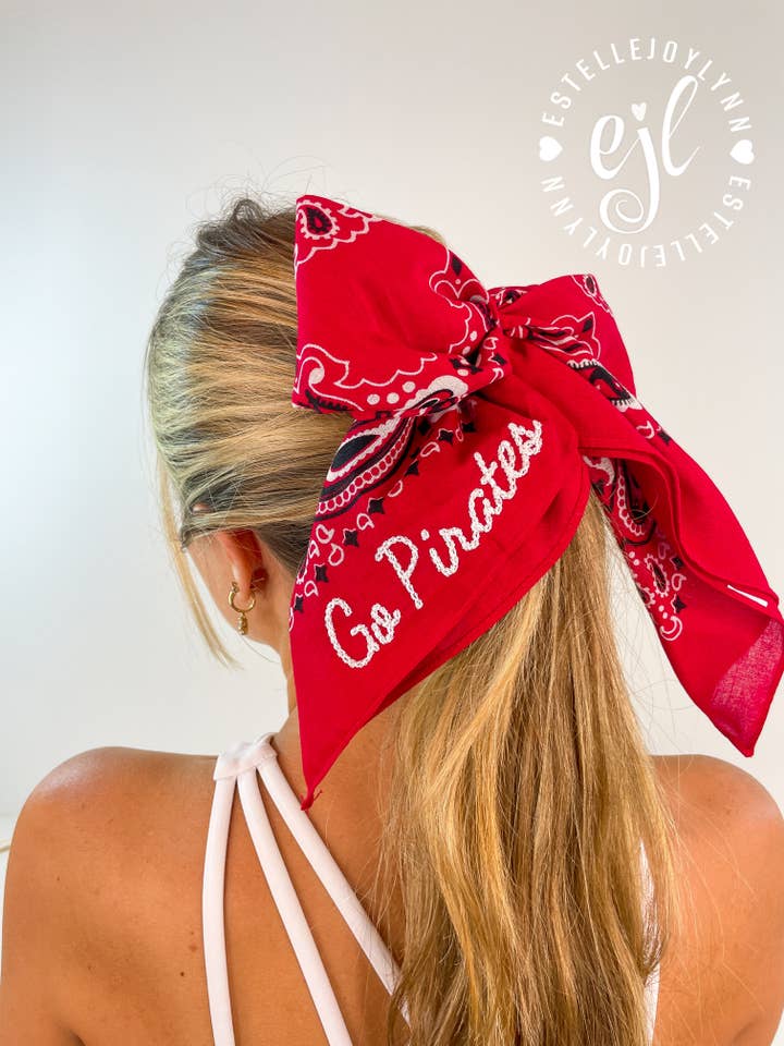 Bandana Bow Barrette CUSTOM Embroidered School Spirit for wholesale by EstelleJoyLynn, LLC