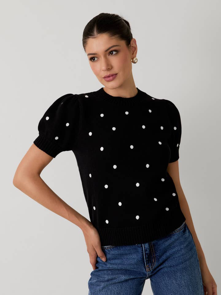 ROUND NECK PUFF SHORT SLEEVE "POLKA DOT" EMBROIDERED SWEATER for wholesale by Sunday Edition by LE LIS