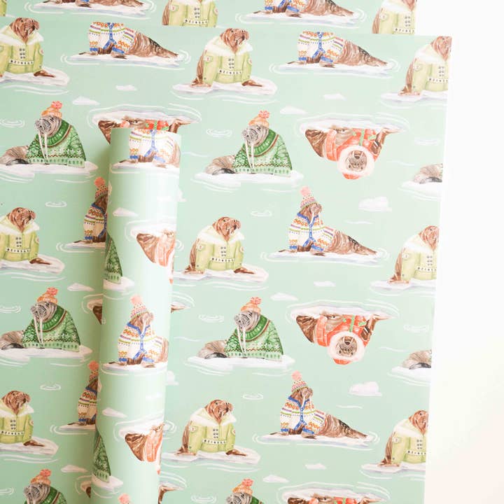 Lana's Shop - Wholesale Flat Wrap - Holiday Walrus Gift Wrap