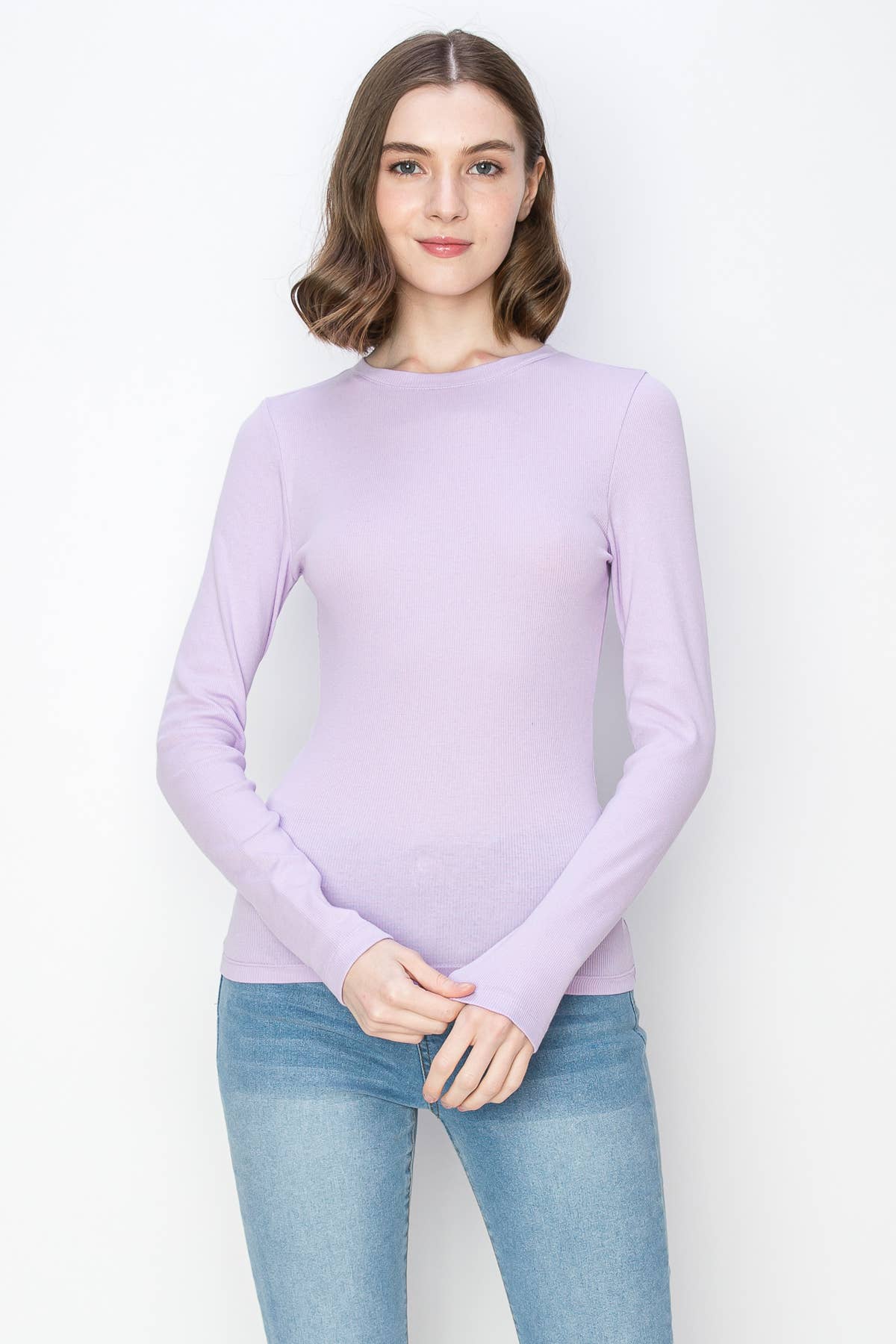 Color 5 – Großhandel T-Shirt – Damen – Unifarbenes, geripptes Langarm-Shirt aus Baumwolle mit Rundhalsausschnitt8