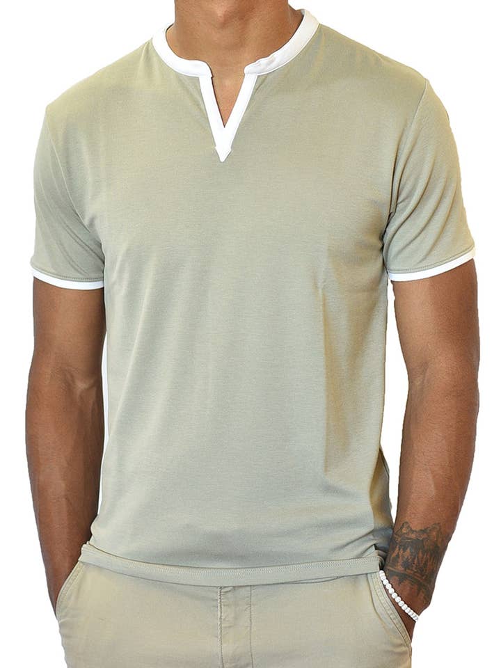 Short Sleeve Notch Collar (Taupe & White) for wholesale by SpearPoint Apparel