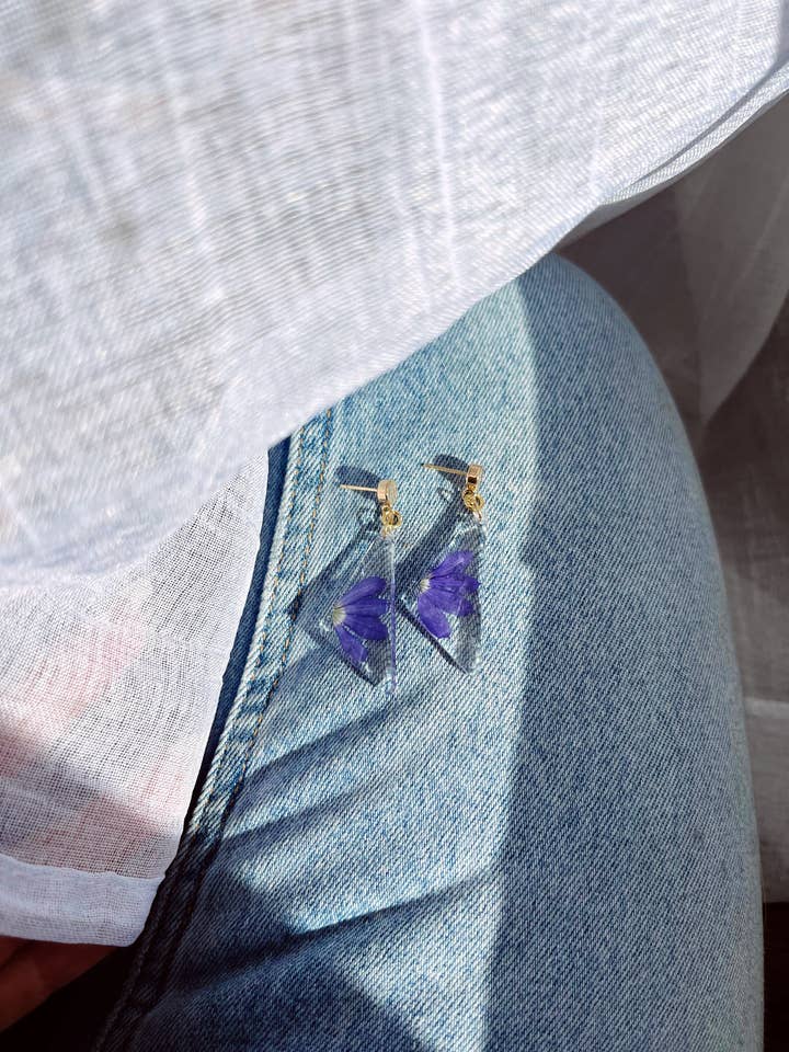 Pressed Flower Earrings | Purple Spring Earrings for wholesale by Land of Sky Design Co.