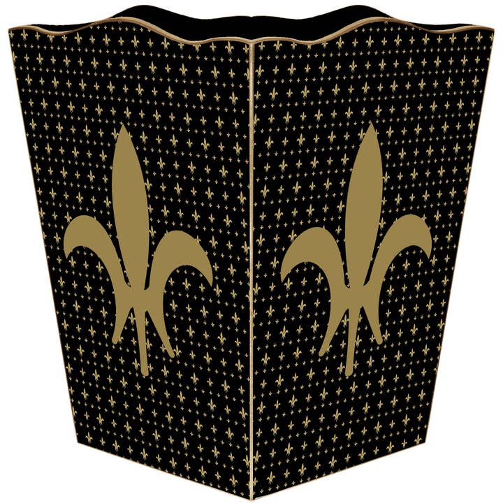 Large Fleur de Lis on Black Wastepaper Basket for wholesale by Marye-Kelley