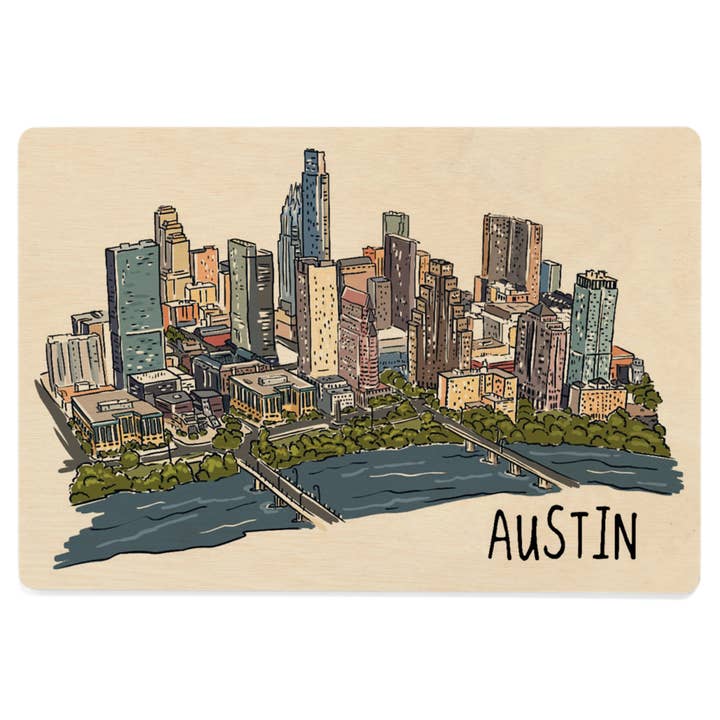 WOOD POSTCARD Austin, Texas, Cityscape, Line Drawing for wholesale by Lantern Press