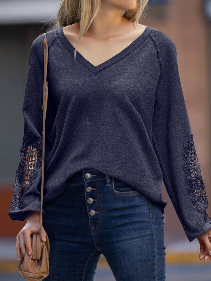 SZ1-TP7044 Knit V-Neck Lace Detail Long Sleeve Top for wholesale by eLook