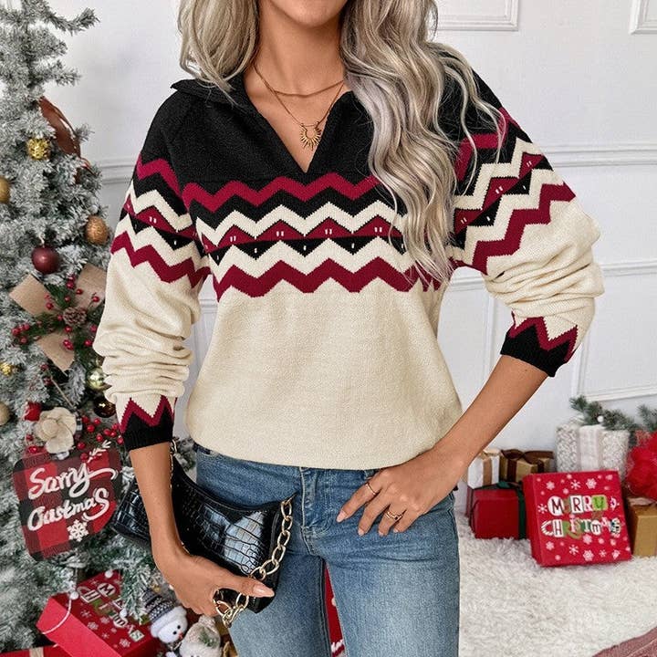 Striped V-Neck Acrylic Pullover Sweater Long Sleeve for wholesale by UZ Wholesale Store
