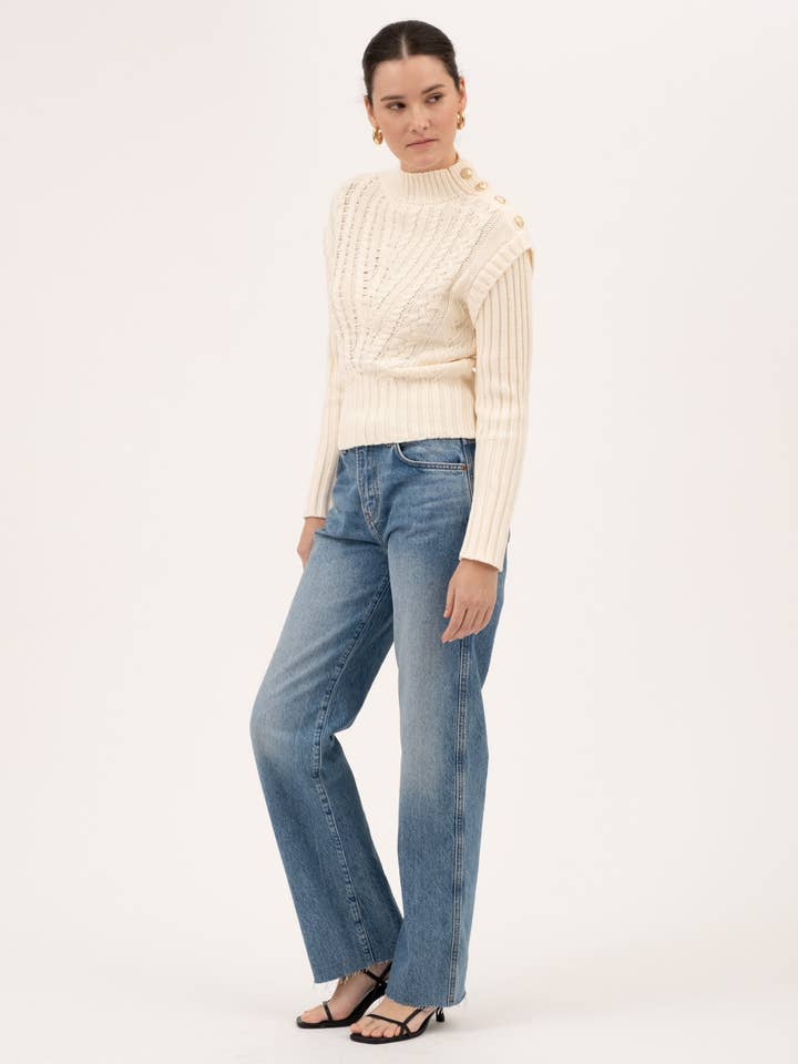 CREAM MOCK NECK SIDE SHOULDER BUTTON CABLE KNIT SWEATER for wholesale on Faire