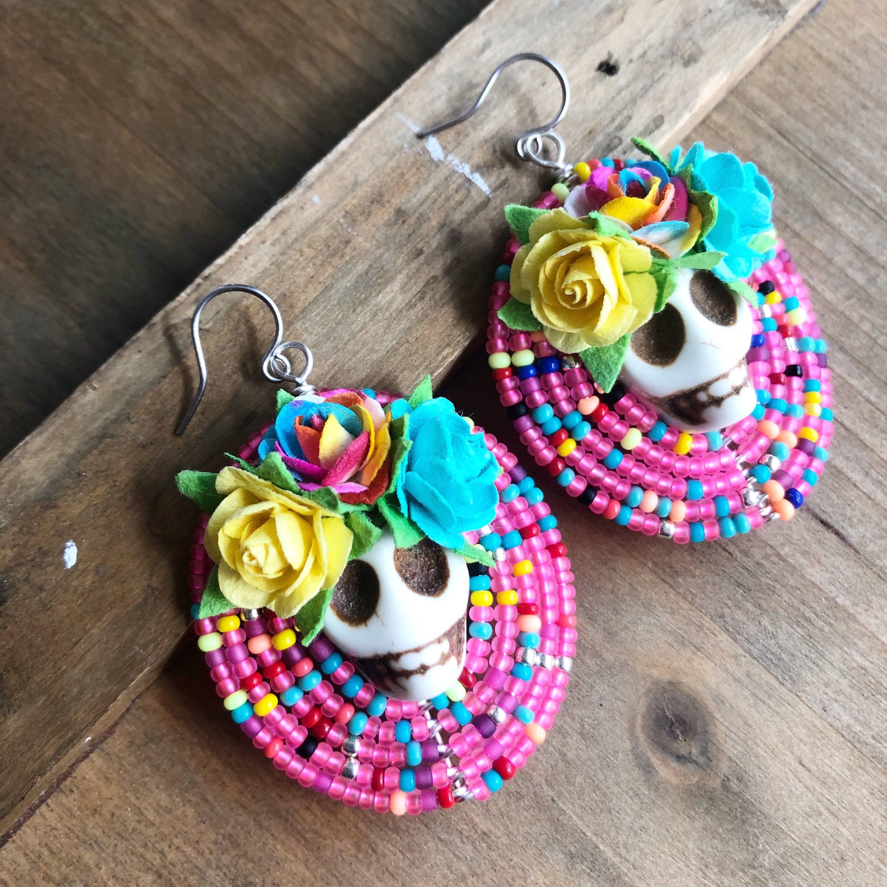 MorninGloria's - Wholesale Dangle Earrings - Dia De Los Muertos Frida Kahlo Flor Calavera Beaded Earrings4