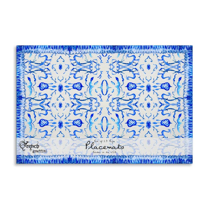 French Graffiti - Wholesale Wegwerpplacemat - Papieren placemats met blauw-wit patroon