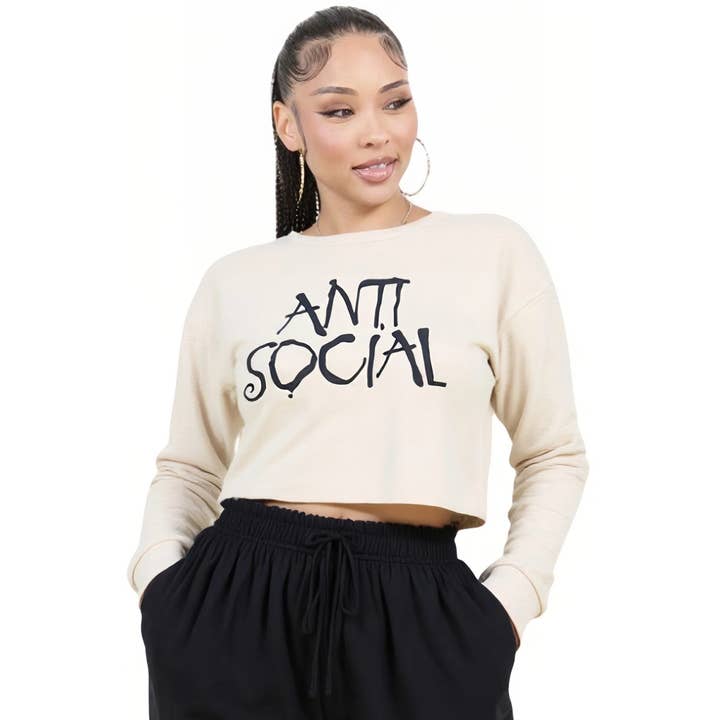 YT4014 Haut Court à Manches Longues et Col Rond Imprimé ANTI SOCIAL pour la vente par Yellow Cabbage