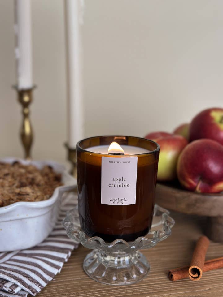 8oz Apple Crumble Fall Soy Wax Wood Wick Candle for wholesale by North + Rose