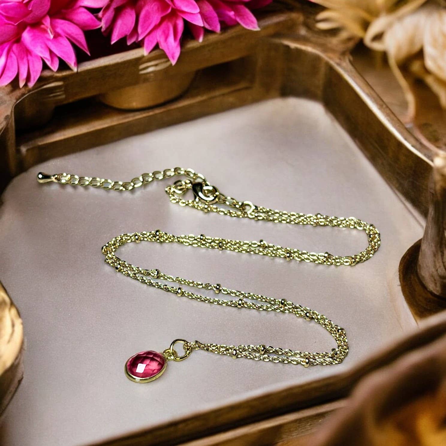 TOURMALYN - Wholesale Pendant/Charm Necklace - Gold plated pink tourmaline stone pendant