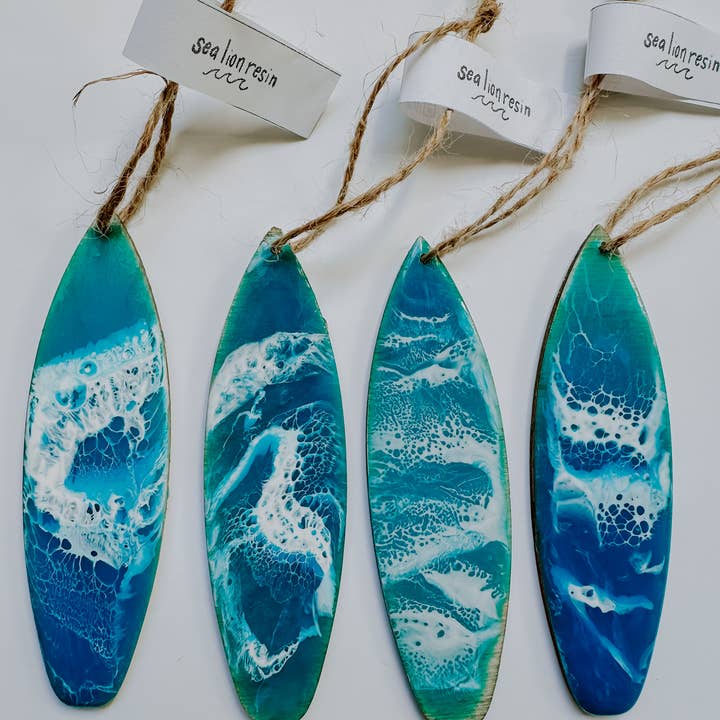 SeaLion Resin - Wholesale Ornament - Surfboard Ornament birch wood and ocean wave resin beach3