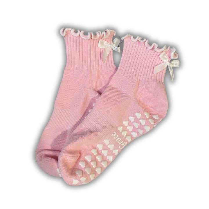 MollyGraceGripSocks - Wholesale Socks - Women's - Light pink ruffle grip socks with white bow