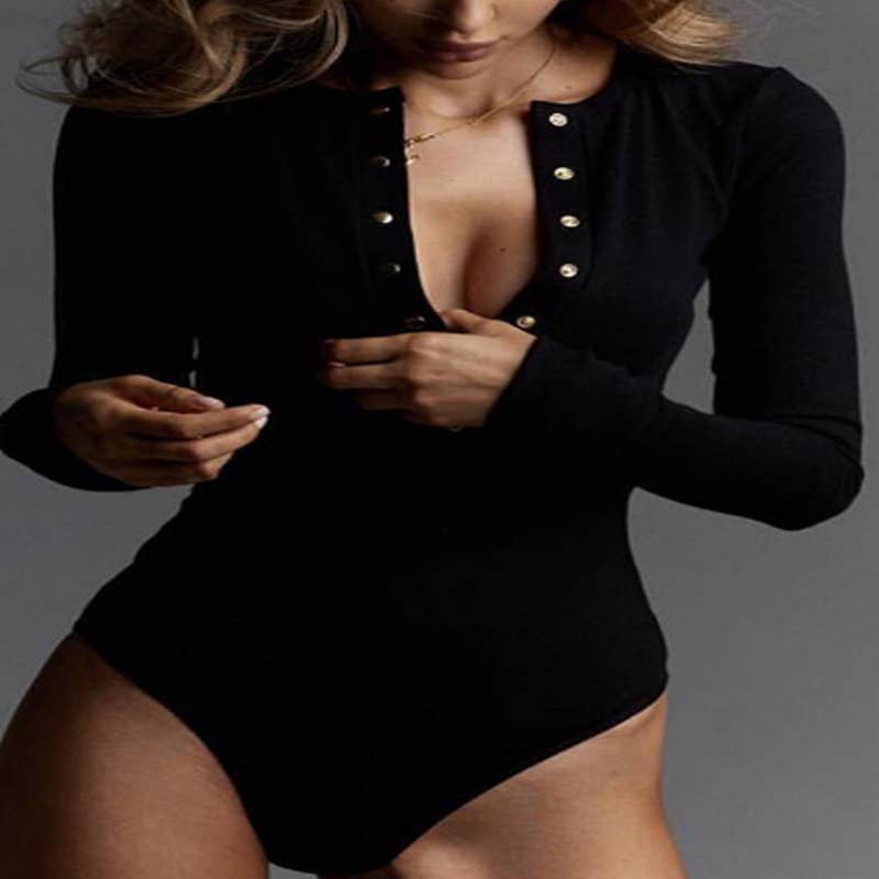 Black Long Sleeve Bodysuit With Gold Buttons