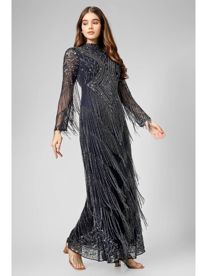 Lissy Navy Blue Fringe Maxi Dress for wholesale on Faire