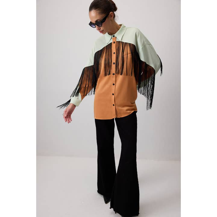 Colorblock Satin Fringe Shirt – Western Inspired and other Purchase Wholesale color block button down. Free Returns & Net 60 Terms on Faire trending on Faire.