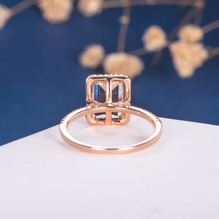 GEMPARA - Vente Bagues de fiançailles - Bague de fiançailles halo en morganite rectangulaire en or rose 14K4