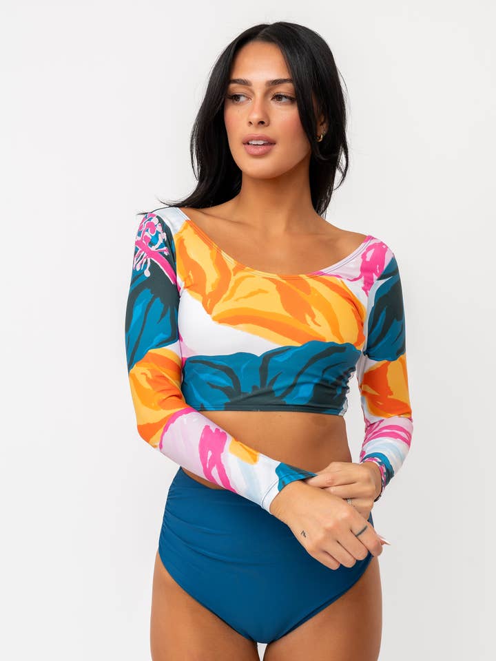 Floral Fusion Scoop Neck Rashguard Swim Top for wholesale by Coral Reef Swim