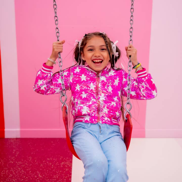 Rebelde Planet - Wholesale Bomber Jacket - Kids - Hot Pink with white star sequin bomber jacket