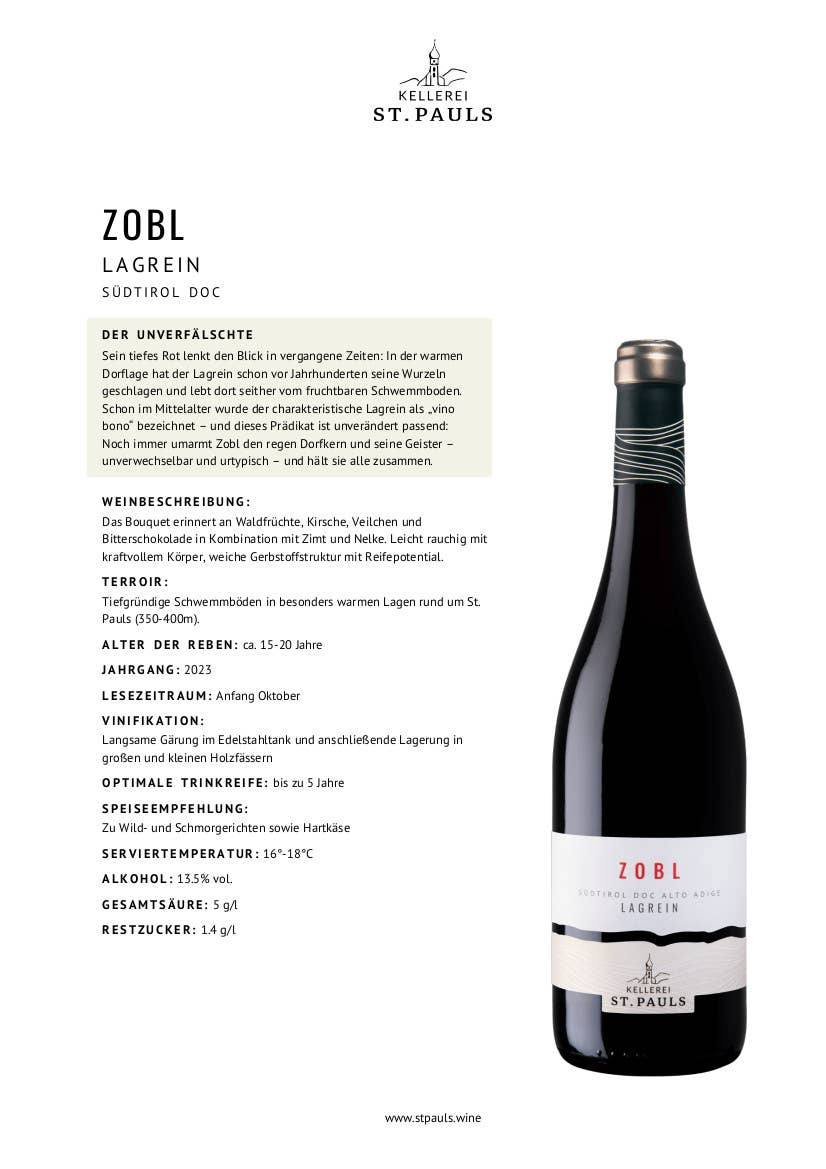 Metina SAS – wholesale Red wine – ZOBL Lagrein South Tyrol Cantina San Paolo I Classici 75 cl.2