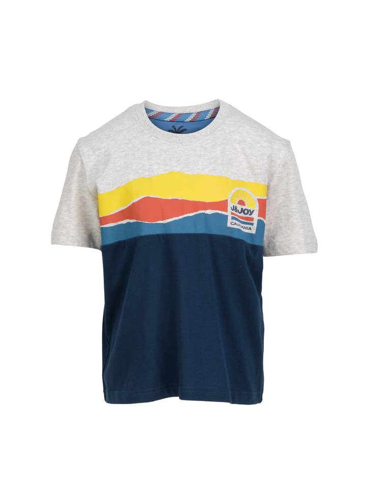 T-shirt da bambino a manica corta ecru/blu, motivo paesaggistico per la vendita all'ingrosso da parte di J&JOY