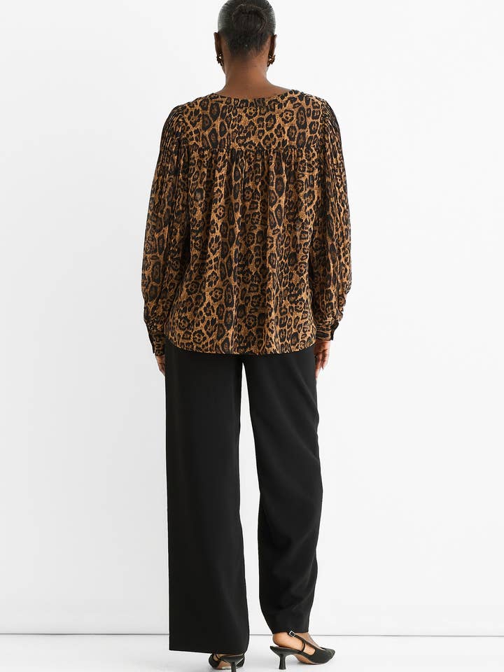 GINI LONDON – wholesale Blouse – Women’s – Brown Chiffon Animal Print Pleated Shift Shirt Blouse1