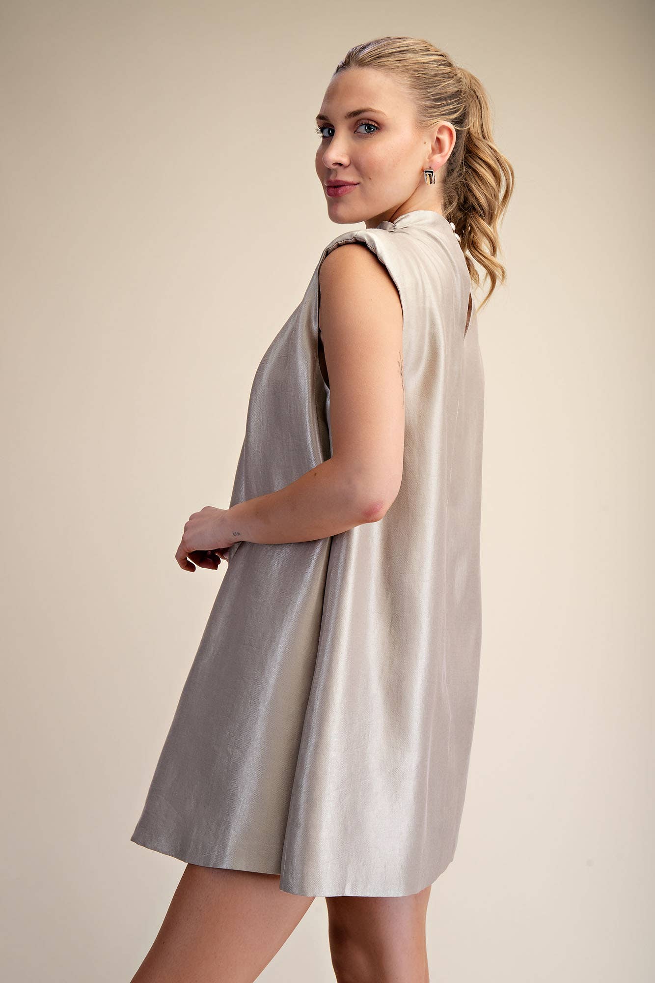 Glam - Wholesale Dress - Women's - Sleeveless Shoulder Pad Gathered Detail Mini Dress12