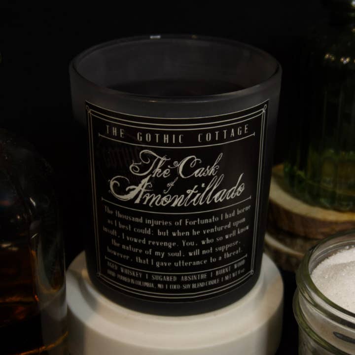 Whiskey & Wood—8oz black candle | The Cask of Amontillado for wholesale by The Gothic Cottage